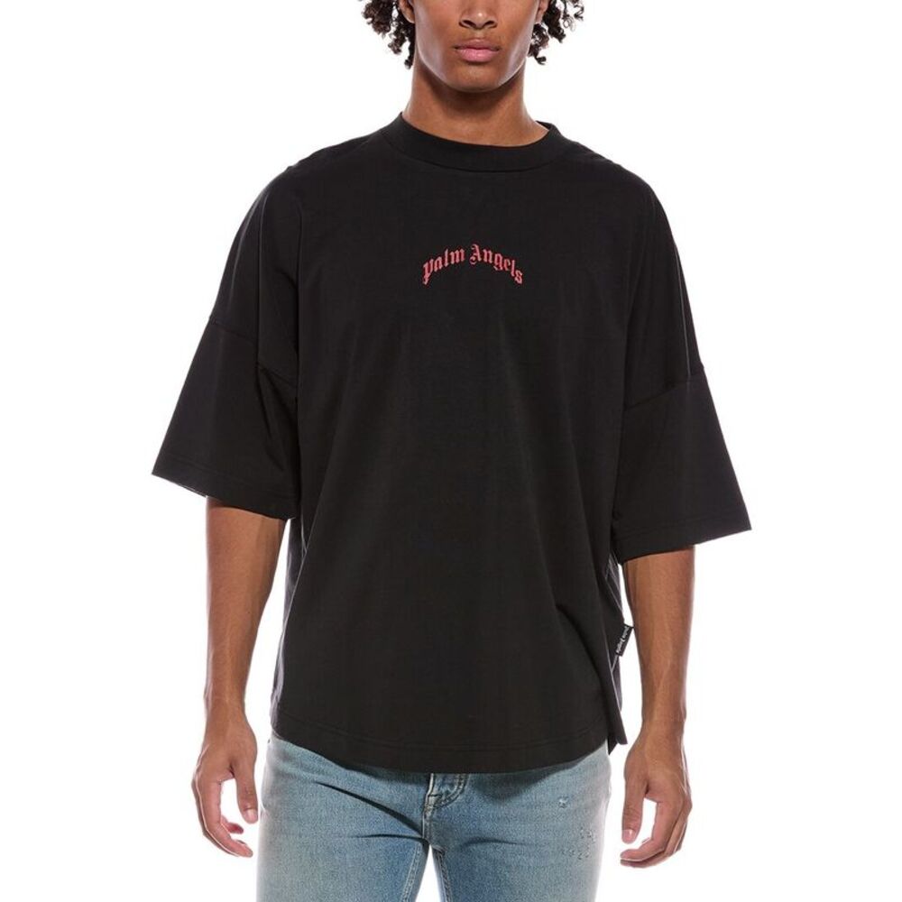 Palm Angels Mens Back Curved Logo Over T-Shirt, Black